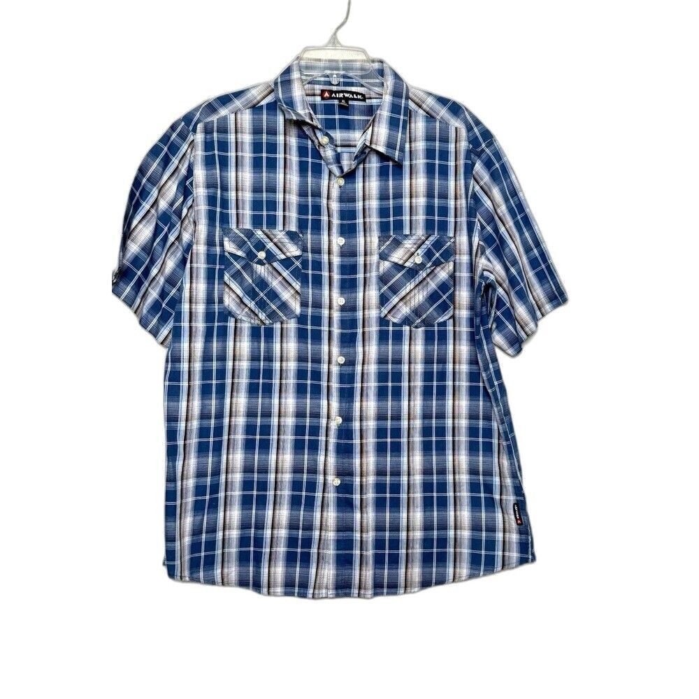 Airwalk Men's XL Plaid Button Up Shirt Short Sleeve Blue Cotton Blend Skater